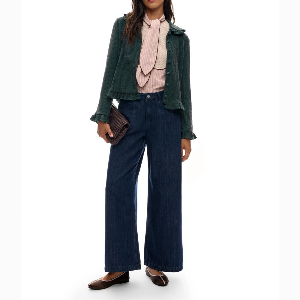 Green Ribbed Knit Ruffle Collar Button Front Cropped Cardigan - Picture 7 of 7